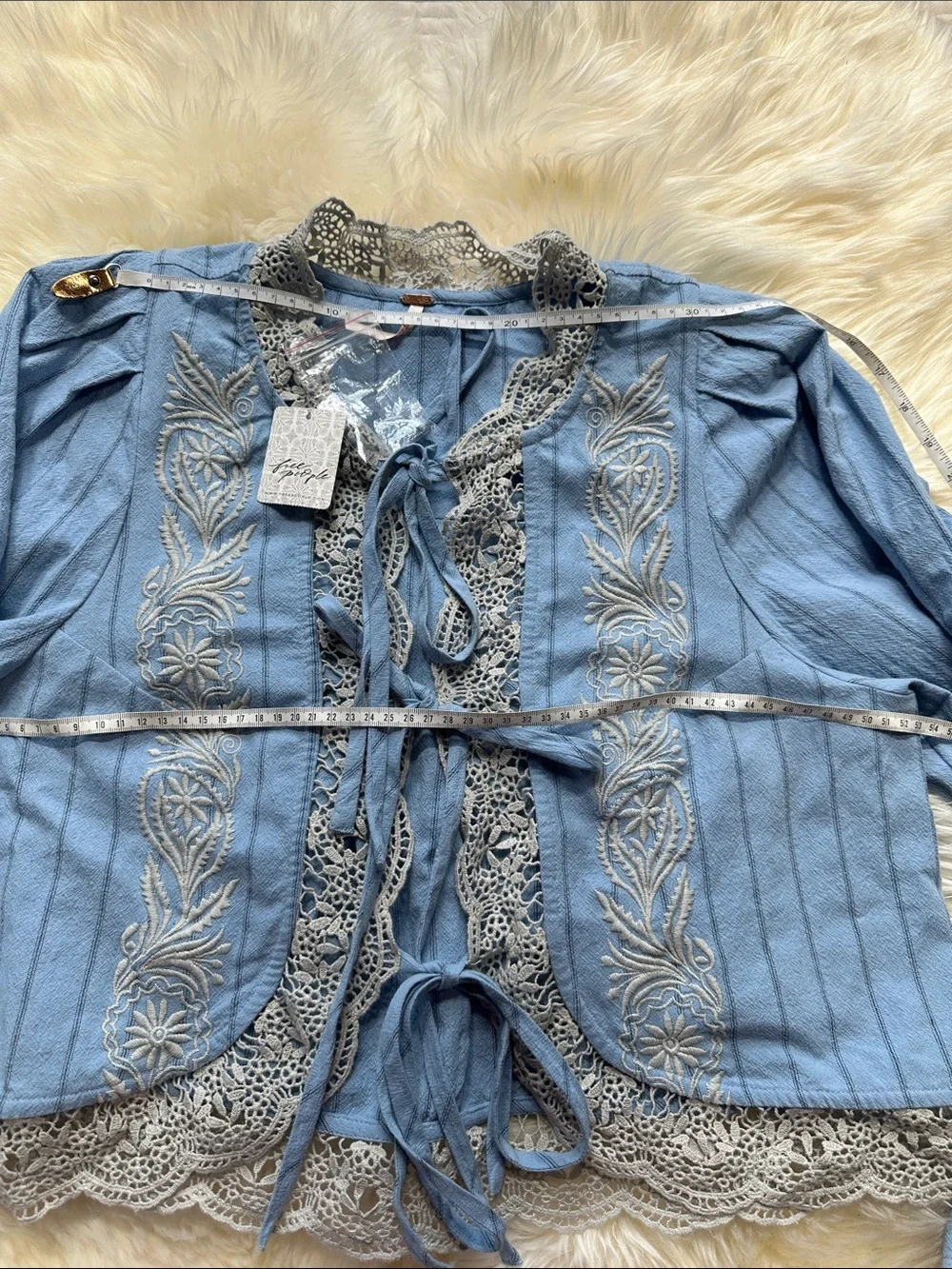 Free People Bali Jude Top Pale Blue Embroidered Lace Tie-Front Blouse - Picture 5 of 10